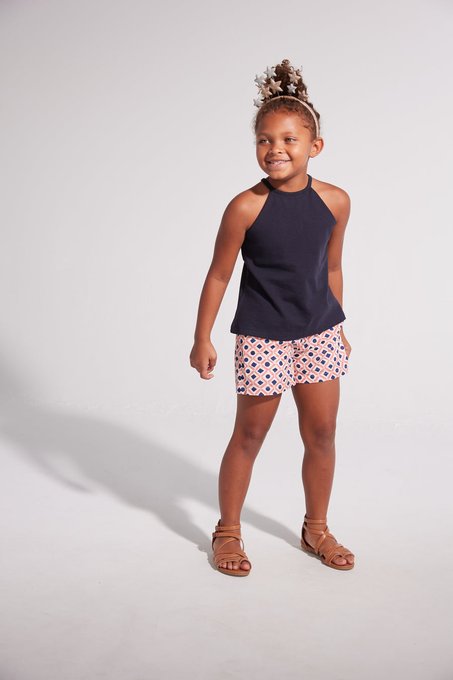 tween girls shorts with navy and rose geometric patterns