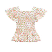 tween girls ruched peplum top with flutter sleeves in a coral floral print