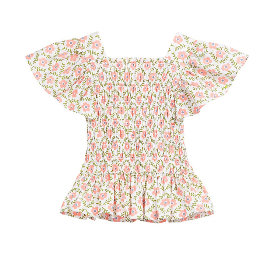 tween girls ruched peplum top with flutter sleeves in a coral floral print