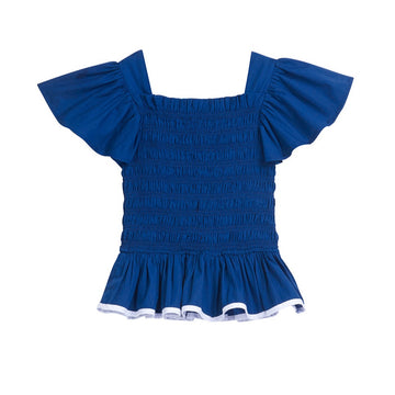 tween girls peplum ruched top in navy with white trim