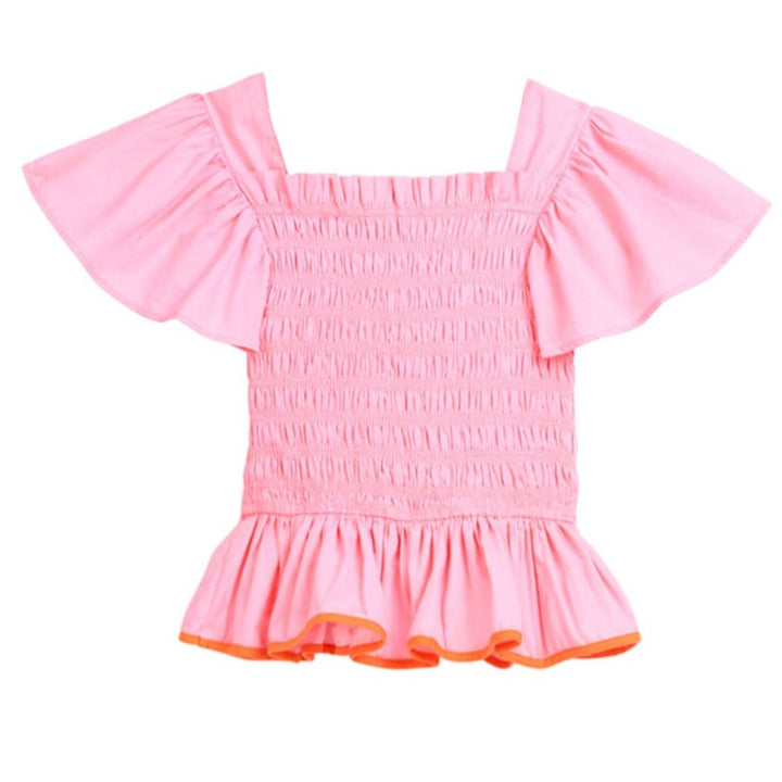 tween girls ruched peplum top in pink with orange trim