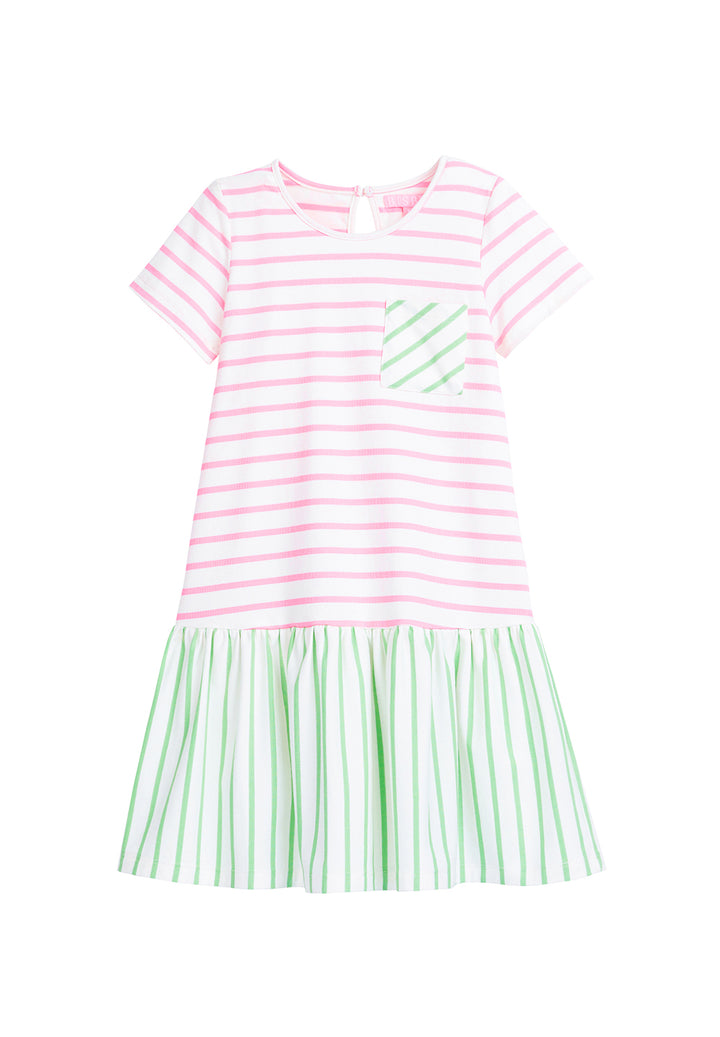 tween girls colorblock green and pink striped dress with front pocket 