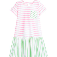 tween girls colorblock green and pink striped dress with front pocket 
