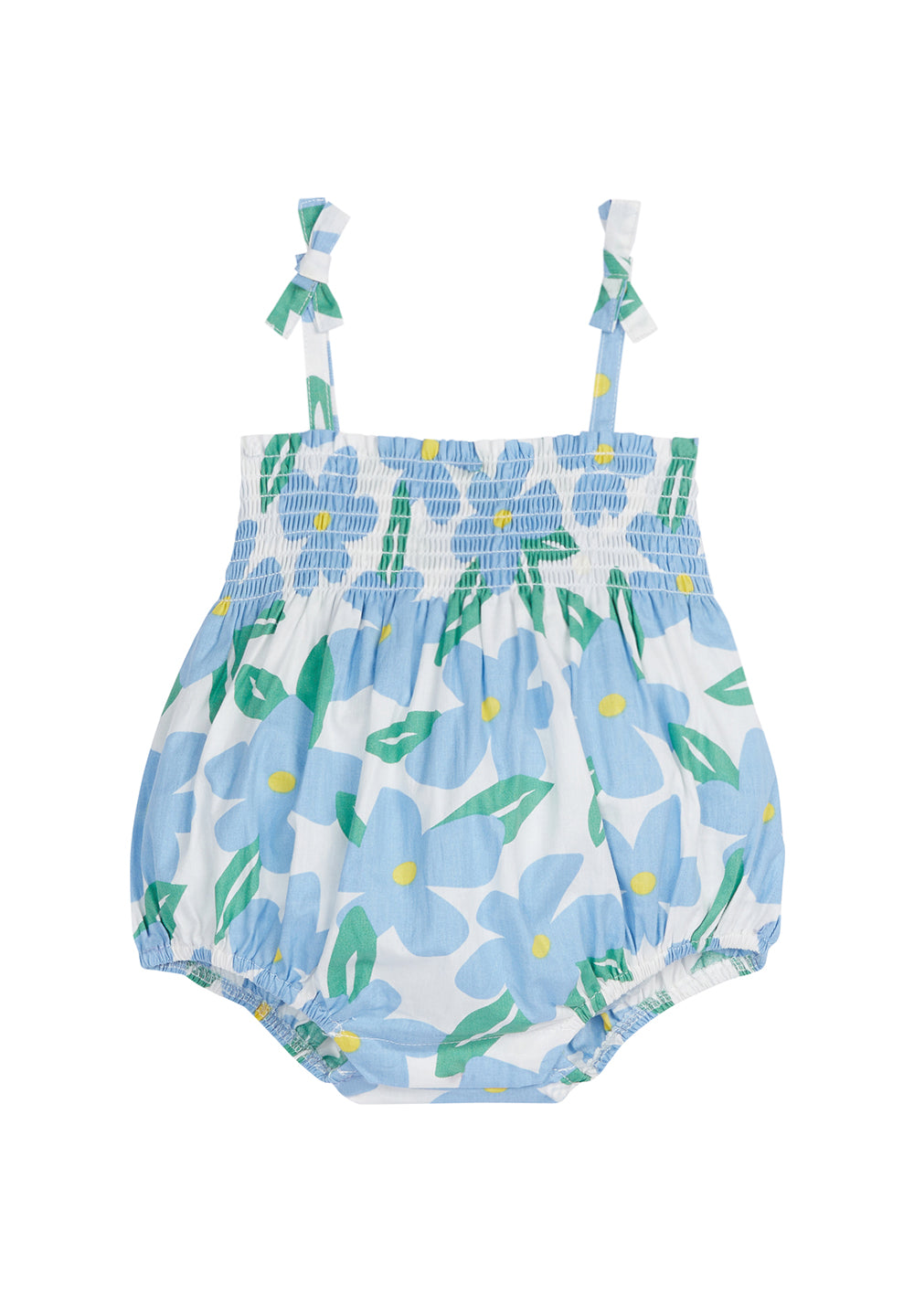 baby girl bubble with ruched chest, spaghetti straps with bows in a blue floral pattern