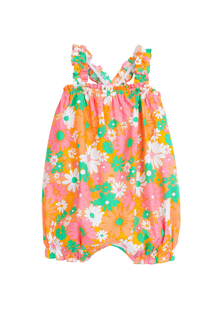 baby girl bubble with ruffled straps in orange pink and green floral pattern