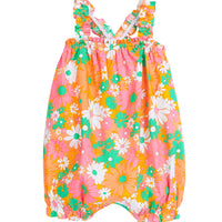 baby girl bubble with ruffled straps in orange pink and green floral pattern