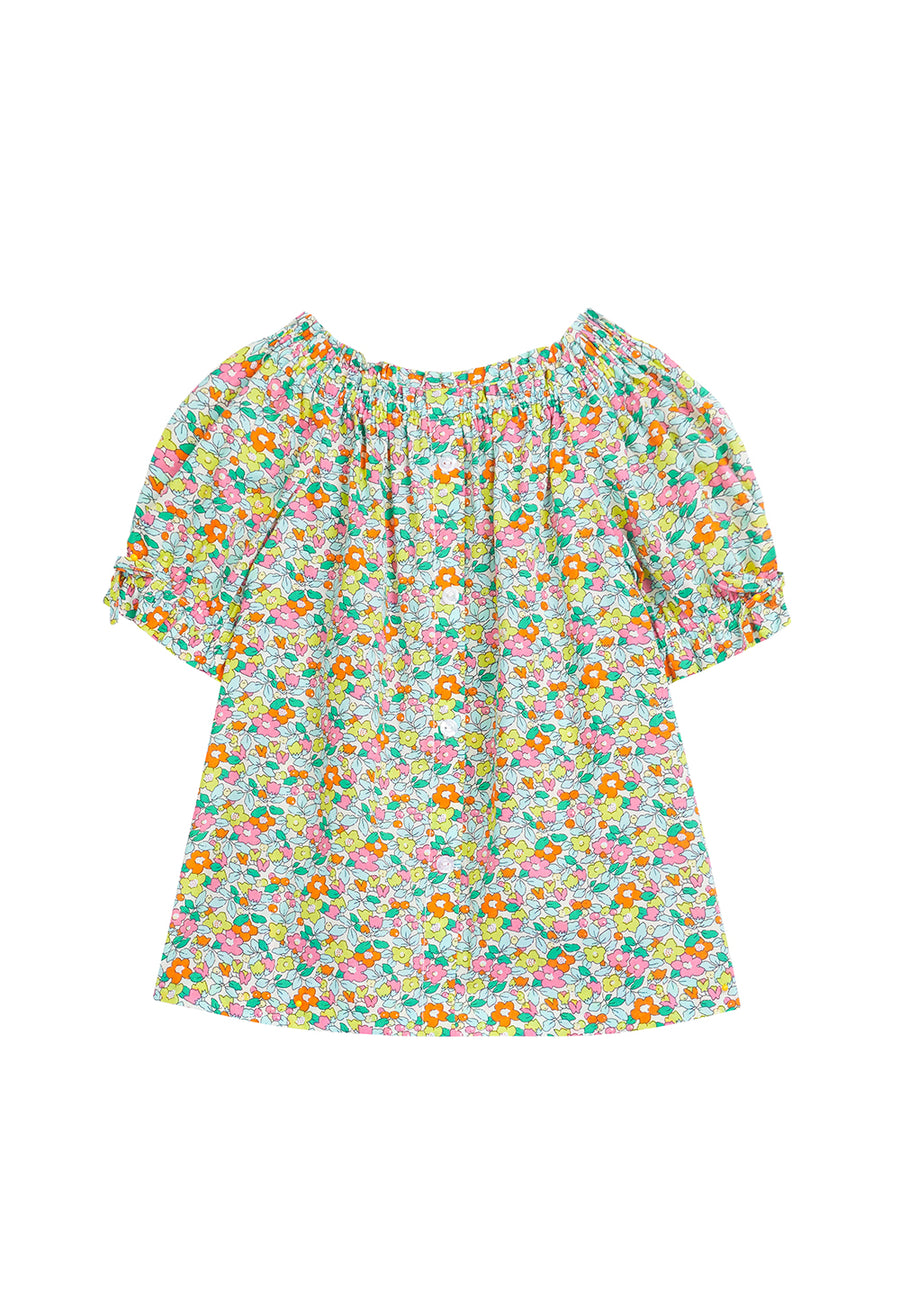 tween girls short sleeved button up top in green and pink floral pattern
