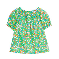 tween girls short sleeved top with buttons in green floral pattern