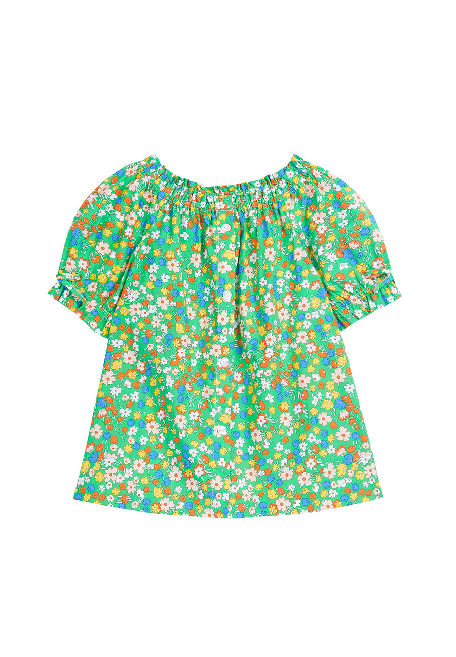 tween girls short sleeved top with buttons in green floral pattern