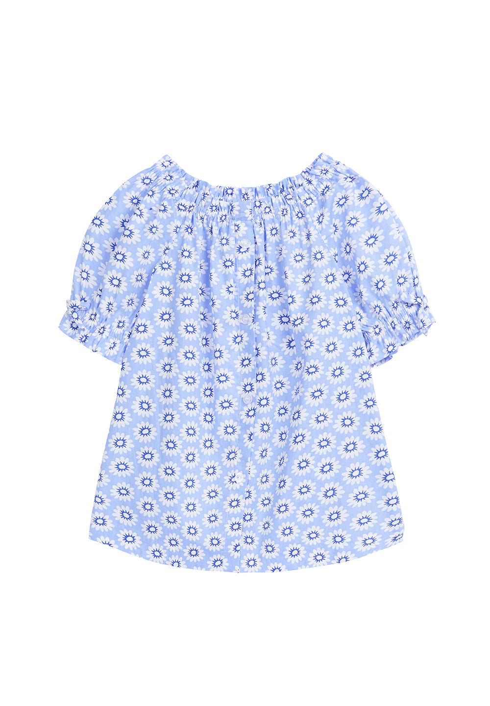 tween girls short sleeve top with buttons in periwinkle floral pattern