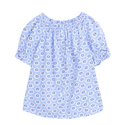 tween girls short sleeve top with buttons in periwinkle floral pattern