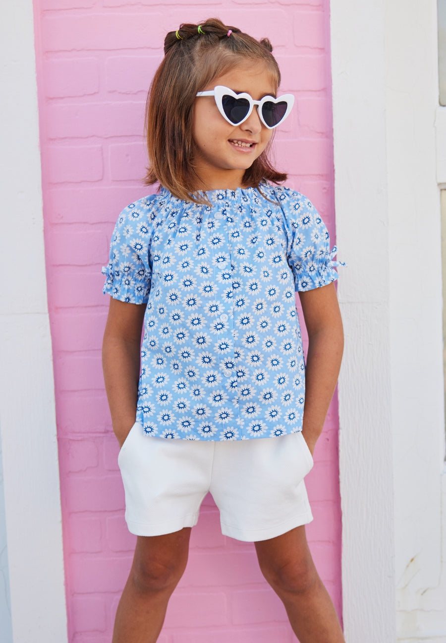 tween girls short sleeve top with buttons in periwinkle floral pattern