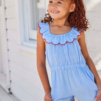 tween girls chambray romper with scalloped neckline and hem and red trim