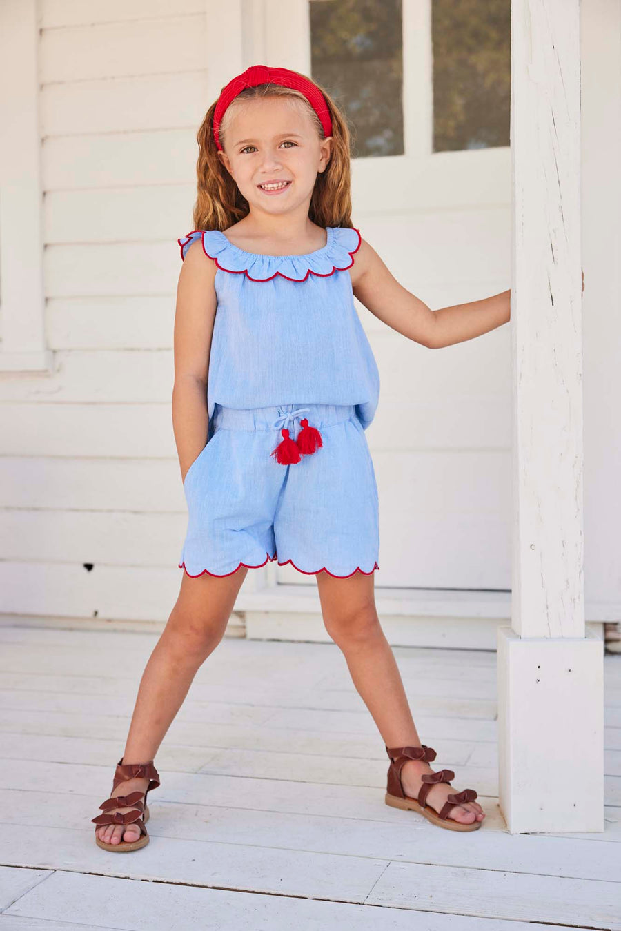 tween girls chambray shorts with red tassels and red trim