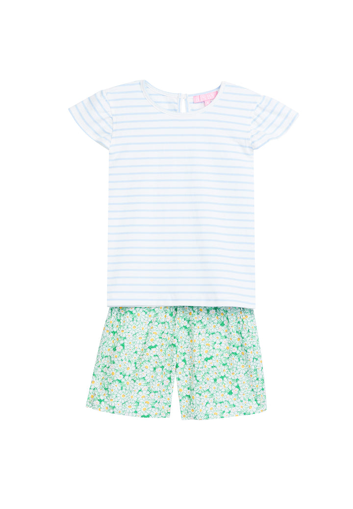 tween girls short set with blue and white striped t-shirt and green floral shorts 
