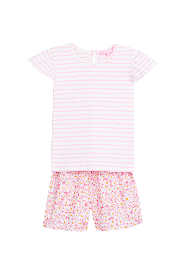 tween girls short set with pink and white striped t-shirt with pink floral shorts