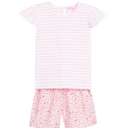 tween girls short set with pink and white striped t-shirt with pink floral shorts
