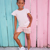 tween girls short set with pink and white striped t-shirt with pink floral shorts