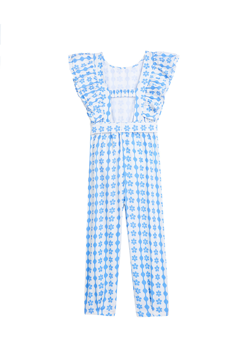 tween girls blue and white ruffled jumpsuit with open back and front tie 