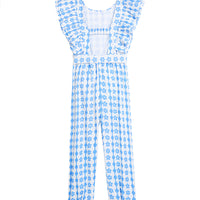 tween girls blue and white ruffled jumpsuit with open back and front tie 