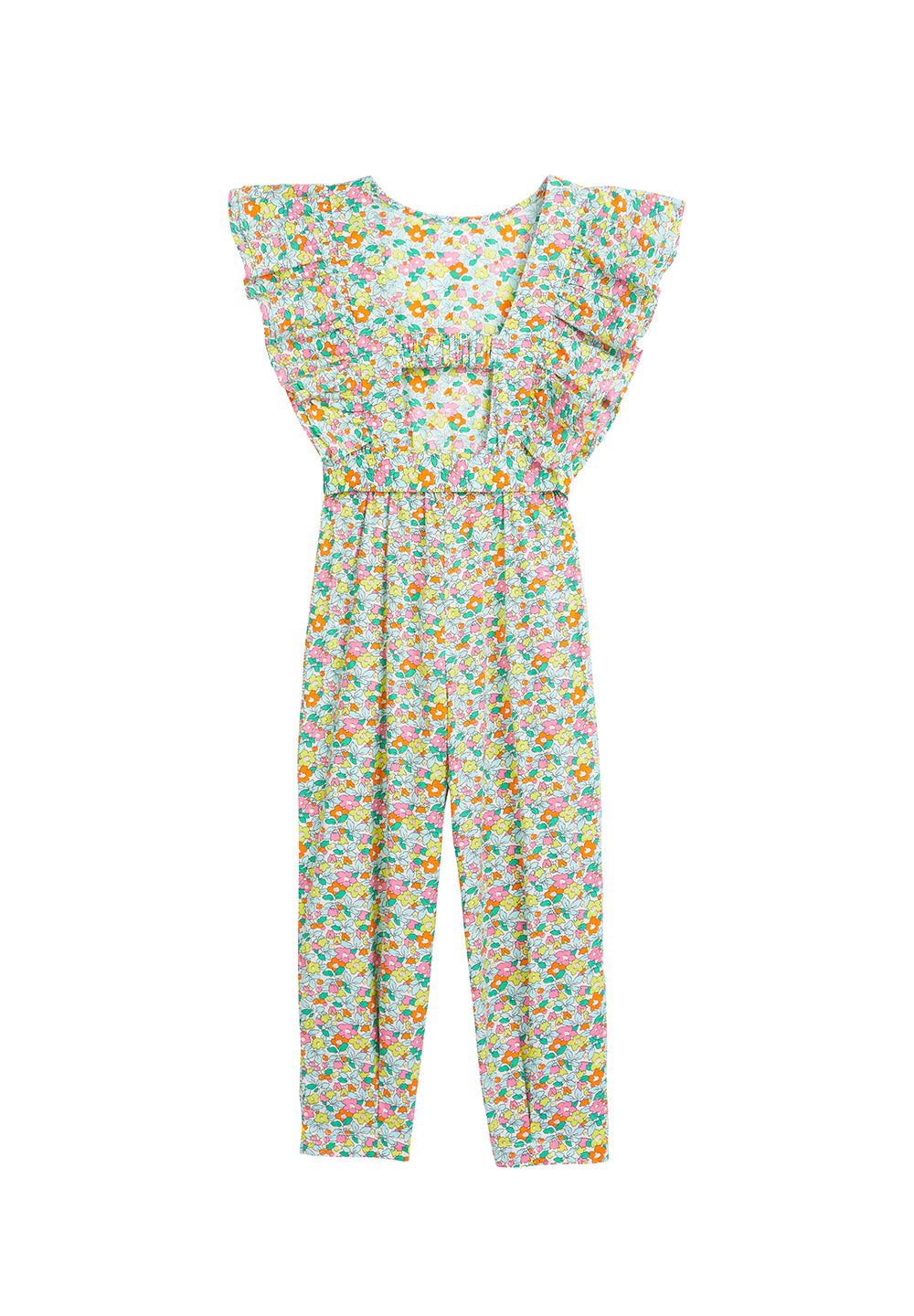 tween girls jumpsuit in bright green and pink floral pattern with ruffles and front tie 