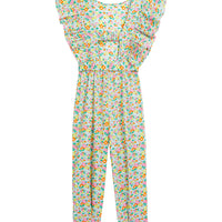 tween girls jumpsuit in bright green and pink floral pattern with ruffles and front tie 