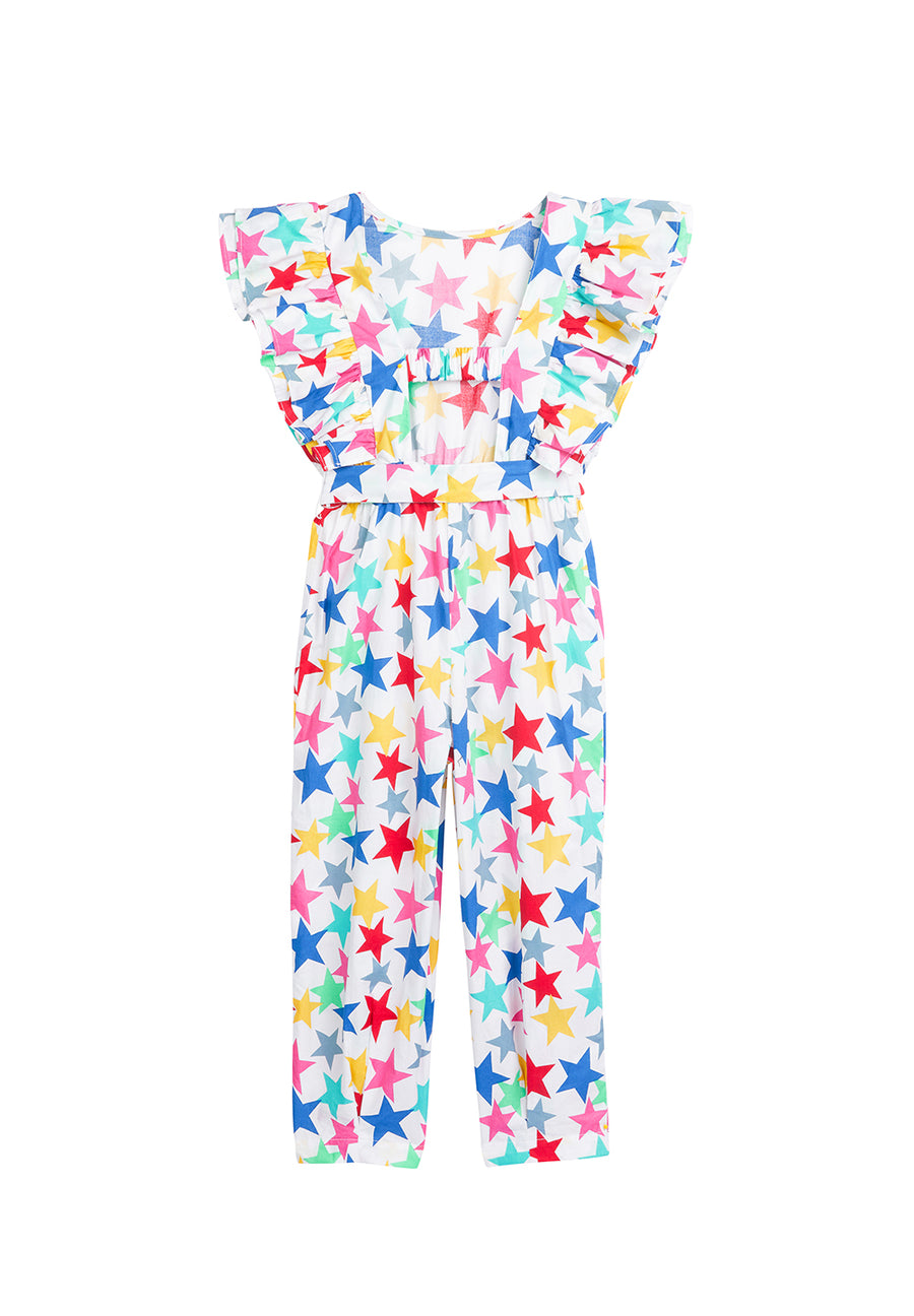 tween girls jumpsuit in multi-colored star pattern with ruffles and front tie 
