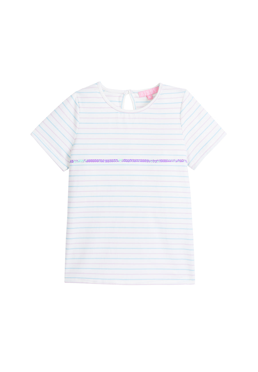 tween girls lilac and blue striped short sleeve shirt with sequin stripe across chest