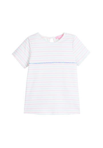 tween girls pink and aqua striped t-shirt with sequin stripe across chest