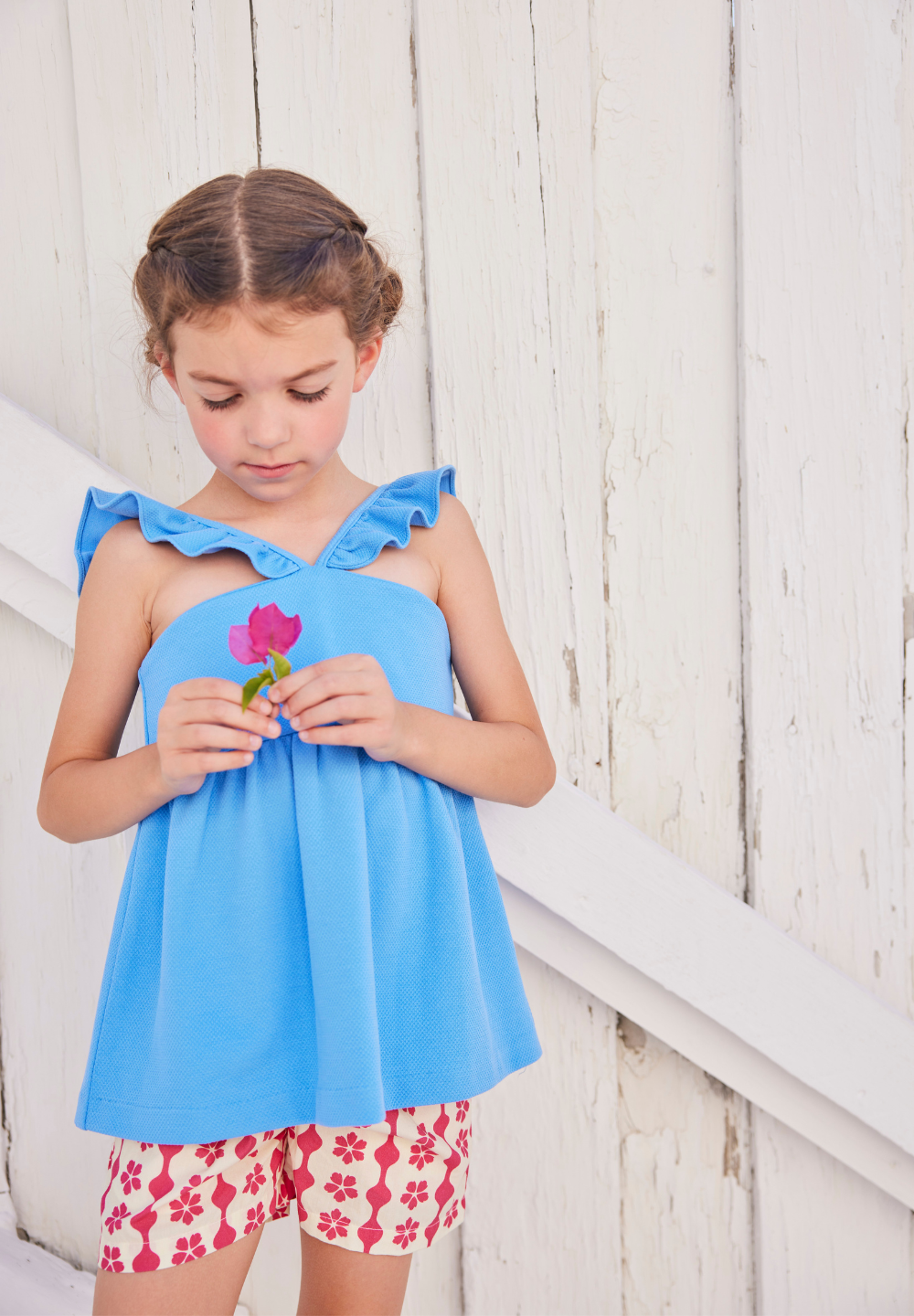 tween girls shorts in a raspberry floral and geometric pattern