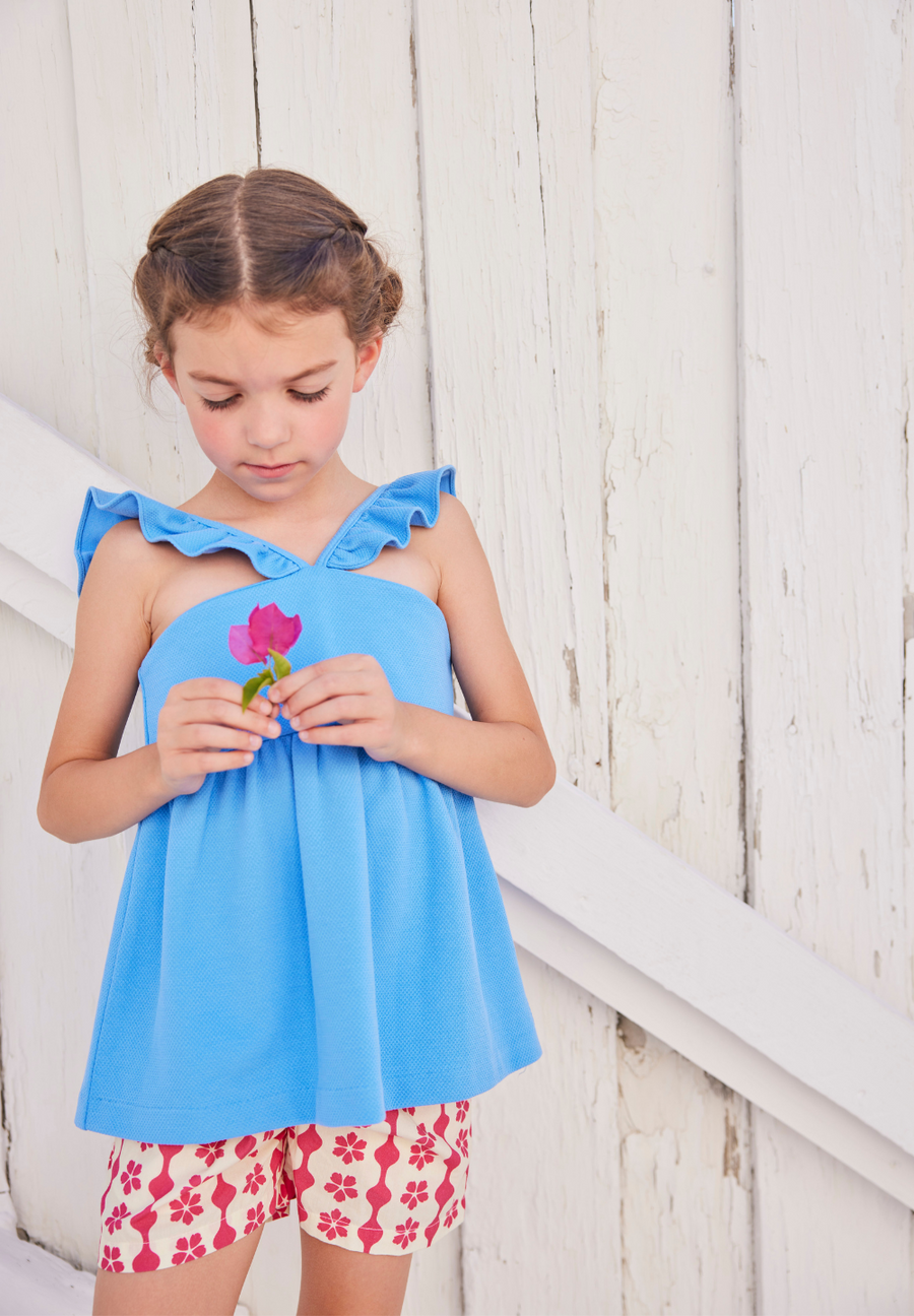 tween girls shorts in a raspberry floral and geometric pattern