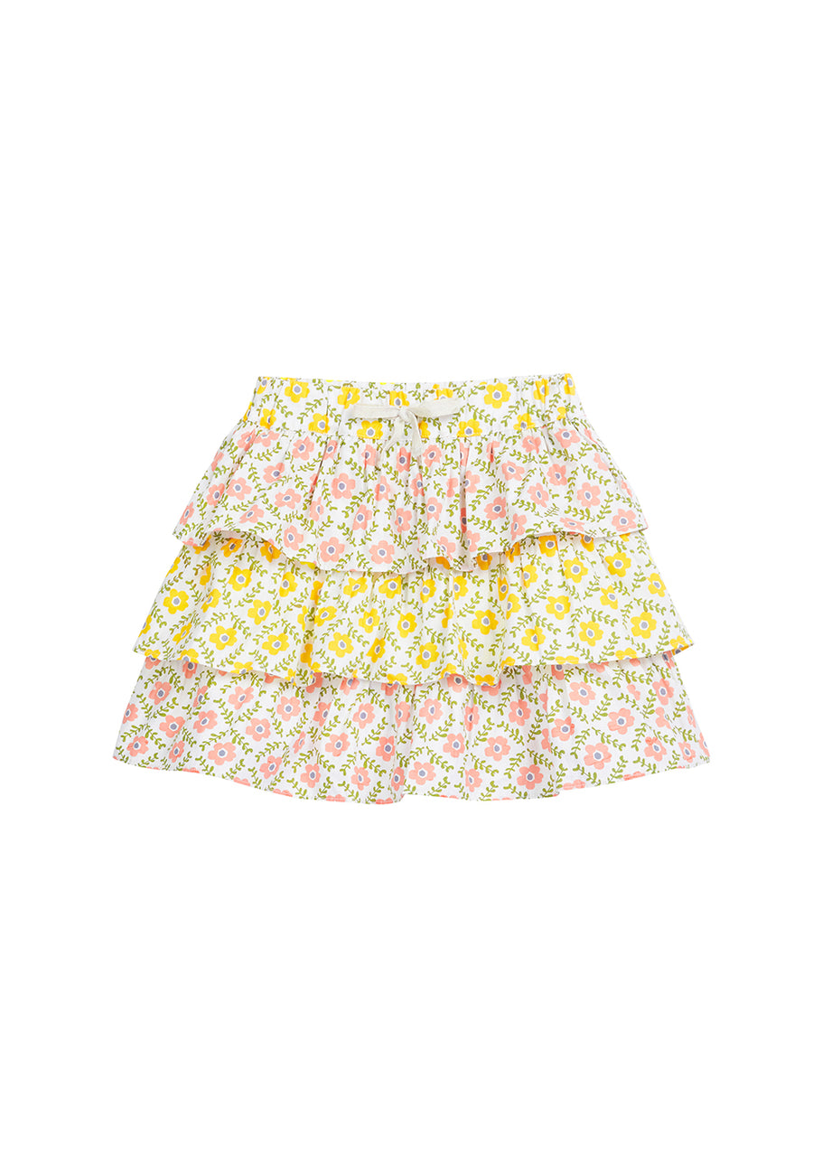 tween girls tiered mini skirt in colorblock yellow and pink floral patterns