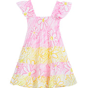 tween girls pink and yellow color blocked dress with ruffle sleeves