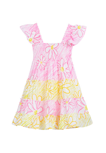 tween girls pink and yellow color blocked dress with ruffle sleeves