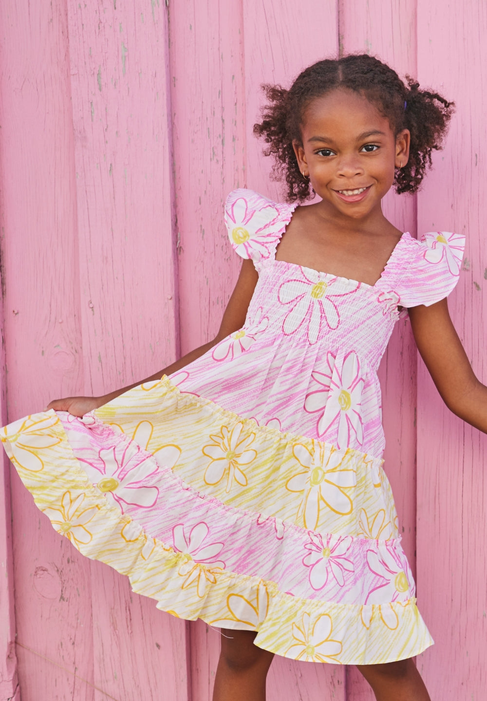 tween girls pink and yellow color blocked dress with ruffle sleeves