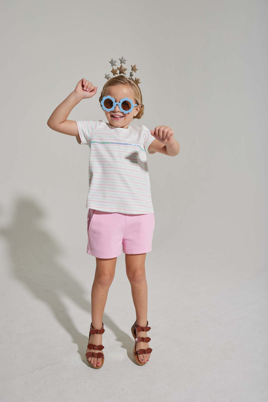 tween girls pink and aqua striped t-shirt with sequin stripe across chest