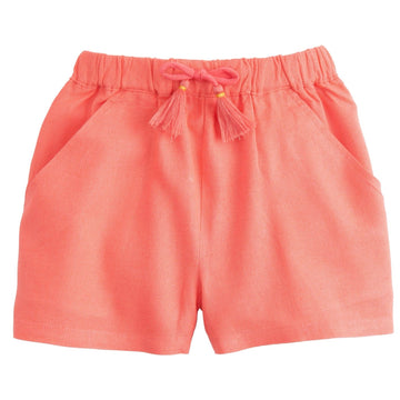 BISBY girls basic shorts in coral linen with draw string tassels 