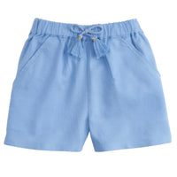 BISBY girls basic shorts in hydrangea blue linen with tassels