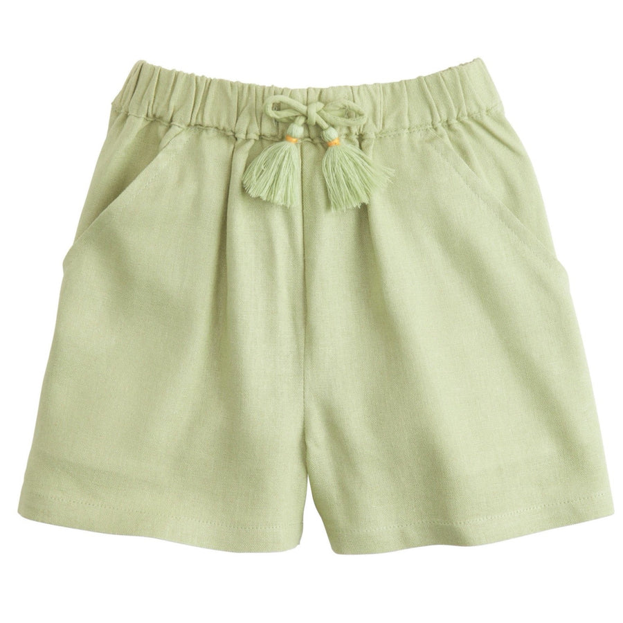 BISBY basic shorts with elastic cinched waist and bow tassel in front in vine linen