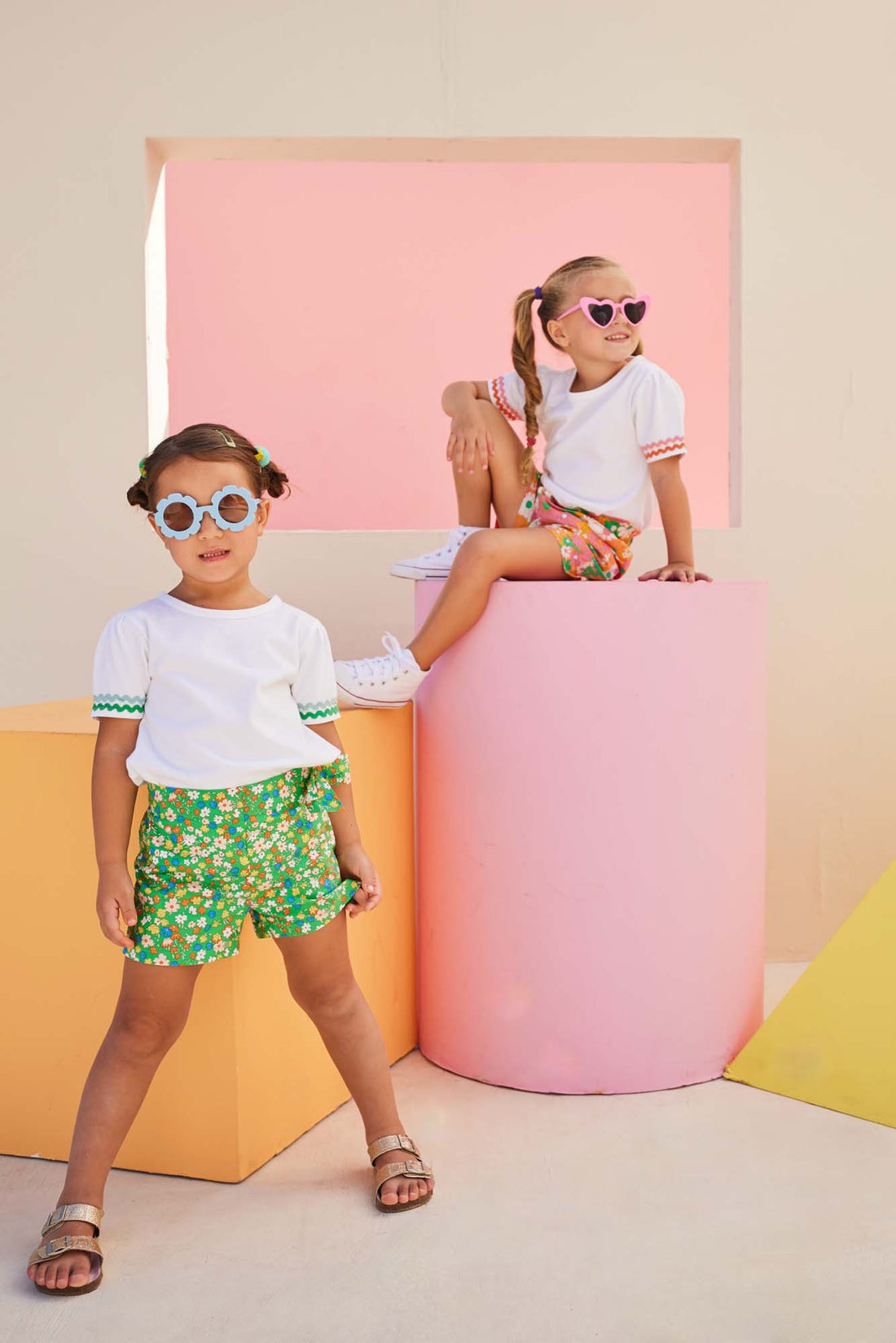 tween girls essential white tee with green and blue ric rac trim on the sleeves
