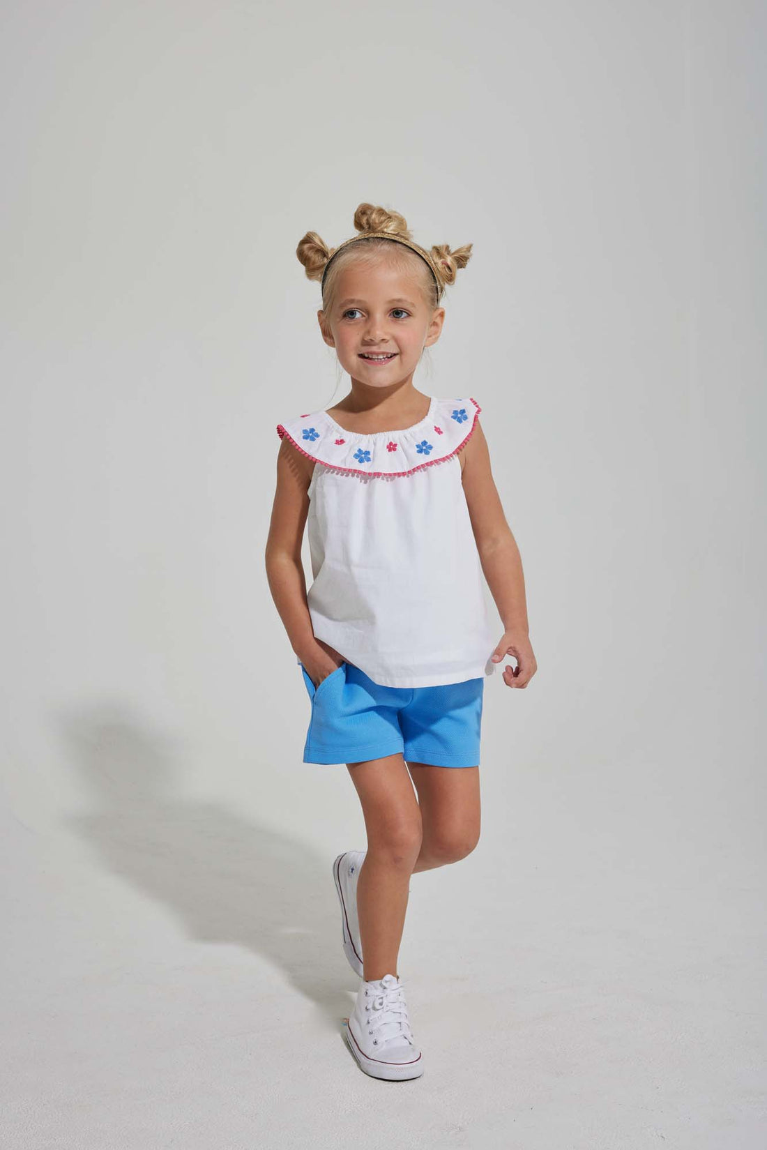 tween girls blue shorts with elastic waistband and pockets