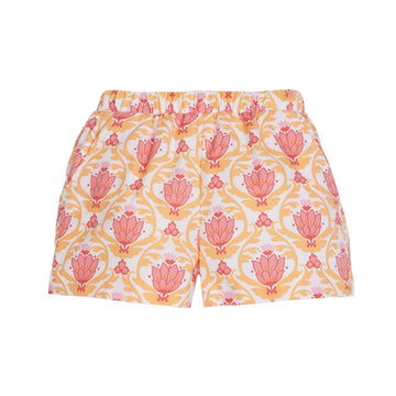 tween girls pink and orange floral patterned shorts with elastic waist band and pockets