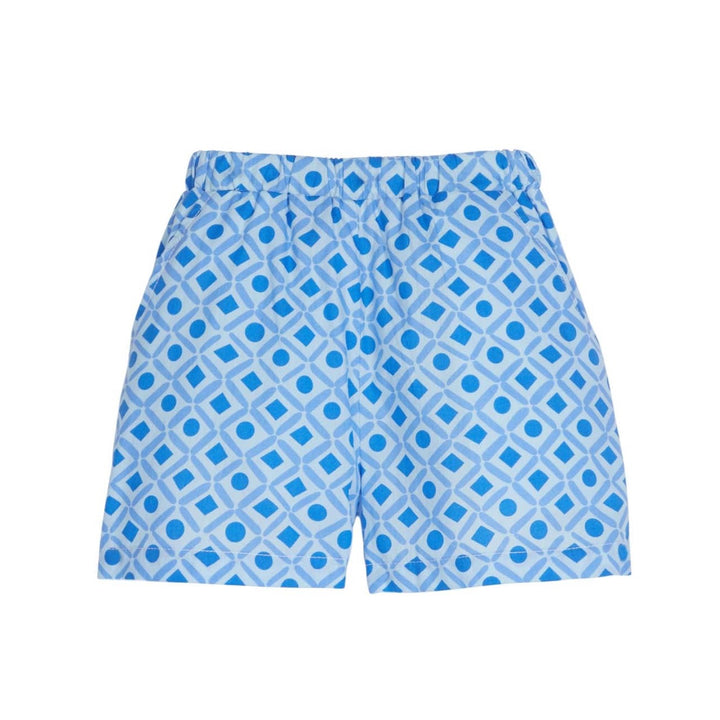 tween girls light blue shorts with dark blue geometric pattern