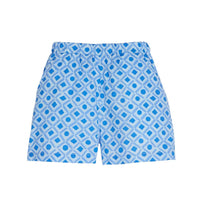 tween girls light blue shorts with dark blue geometric pattern