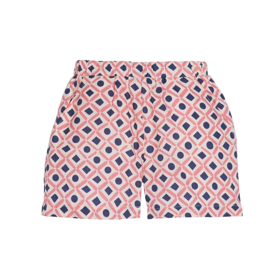 tween girls shorts with navy and rose geometric patterns