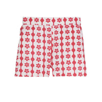 tween girls shorts in a raspberry floral and geometric pattern