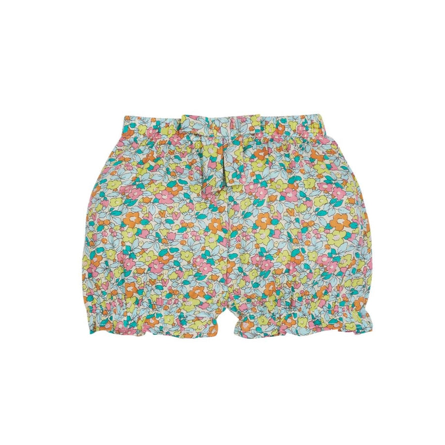 baby girl bloomers in a bright orange yellow pink and blue floral pattern