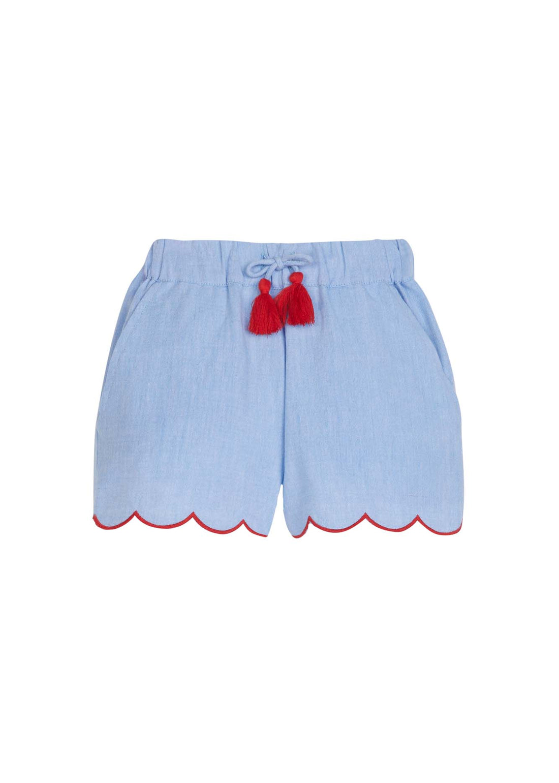 tween girls chambray shorts with red tassels and red trim