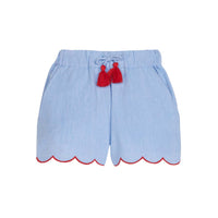 tween girls chambray shorts with red tassels and red trim