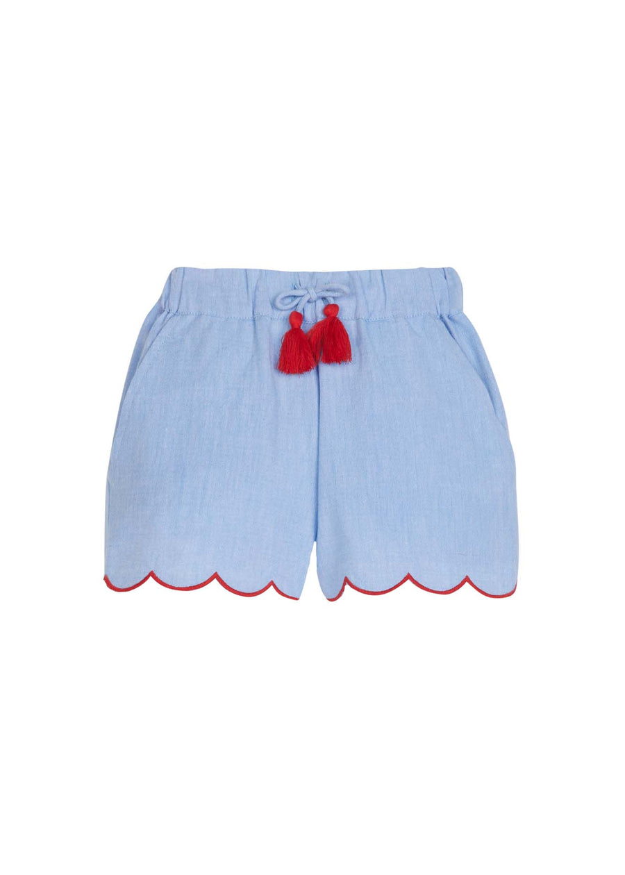 tween girls chambray shorts with red tassels and red trim